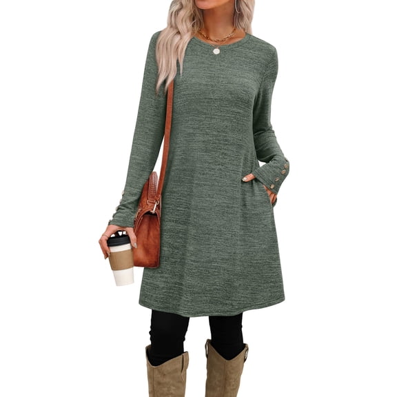 Long Sleeve Womens Dress Loose Fit Crew Neck with Decorative Buttons Mint Green M