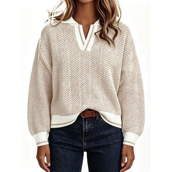Long Sleeve Womens Fall Sweaters Tops Lapel V Neck Knit Sweater Color Block Casual Soft Pullover Jumper