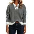 thumbnail image 1 of Long Sleeve Womens Fall Sweaters Tops Lapel V Neck Knit Sweater Color Block Casual Soft Pullover Jumper, 1 of 7