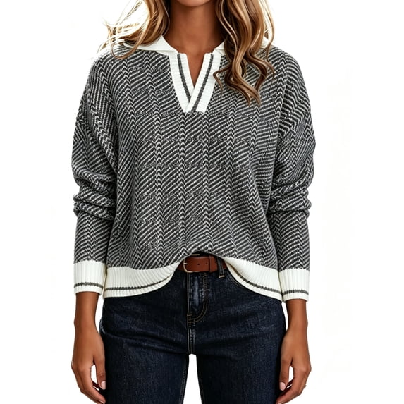 Long Sleeve Womens Fall Sweaters Tops Lapel V Neck Knit Sweater Color Block Casual Soft Pullover Jumper