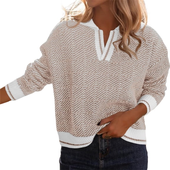 Long Sleeve Womens Fall Sweaters Tops Lapel V Neck Knit Sweater Color Block Casual Soft Pullover Jumper