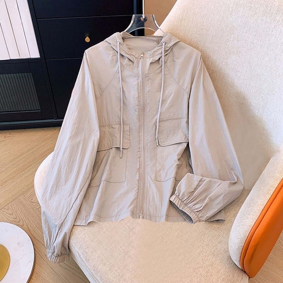 Zysthvn Long Sleeve Womens Jackets Lightweight Full Zipper UV Protection Hooded Womens Coat with Pockets Solid Breathable Tops