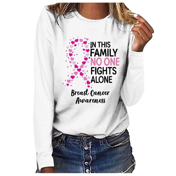 Long Sleeve Womens Pink Ribbon Breast Cancer Awareness Sweatshirt In This Family No One Fight Alone Crewneck Pullover