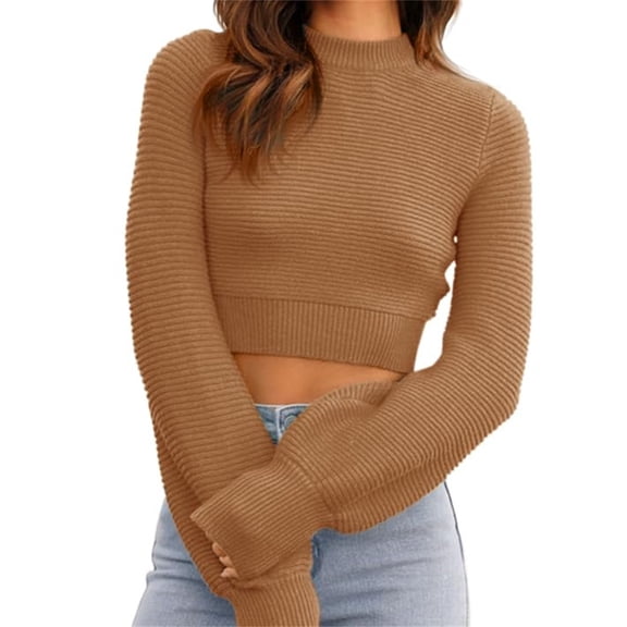 Long Sleeve Womens Sexy Crew Neck Cropped Sweaters Ribbed Knit Crop Pullover