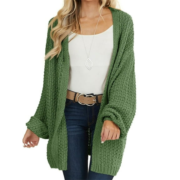 Long Sleeve Womens Solid Color Open Front Chunky Knit Sweater Cardigan