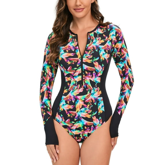 Long Sleeve Womens Sporty Rash Guard Bathing Suit Modest Floral Print Swimwear Shorts One Piece Surfing Swim Outfits