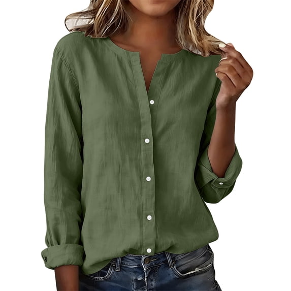 Long Sleeve Womens Tops Crew Neck Buttons Linen Shirts Tunic T Shirts Loose Fit Work Blouses 2026 Spring Trendy