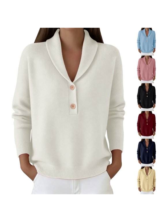 Long Sleeve Womens Tops Kelon Retro Shawl Collar Color Sweater Top Lightweight Casual Business Basic Knit Pullover Top, M