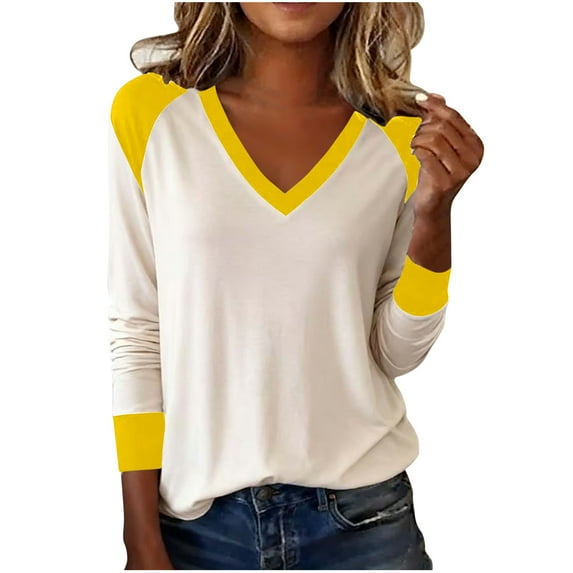Long Sleeve Womens Tops, Trendy Colorblock T-Shirts V Neck Base Tee Casual Tshirts for Women Loose Fit (2XL, Yellow)