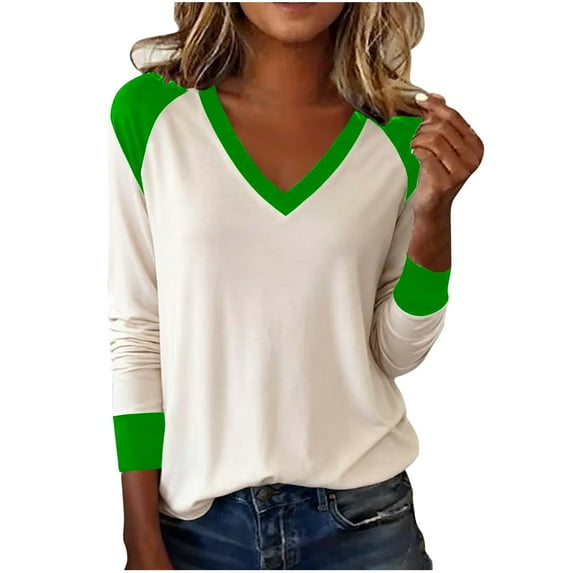 Long Sleeve Womens Tops, Trendy Colorblock T-Shirts V Neck Base Tee Casual Tshirts for Women Loose Fit (L, Green)