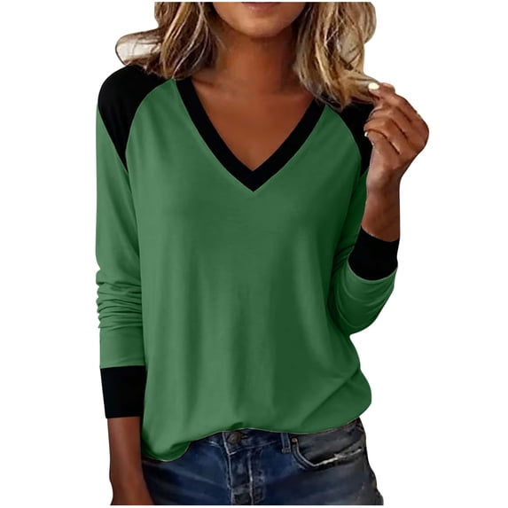 Long Sleeve Womens Tops, Trendy Colorblock T-Shirts V Neck Base Tee Casual Tshirts for Women Loose Fit (S, Army Green)