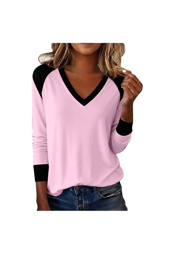 Long Sleeve Womens Tops, Trendy Colorblock T-Shirts V Neck Base Tee Casual Tshirts for Women Loose Fit (XL, Pink 01)