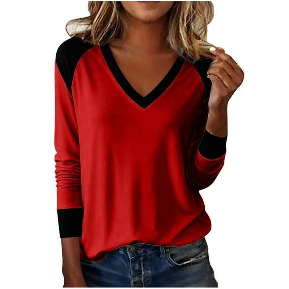 Long Sleeve Womens Tops, Trendy Colorblock T-Shirts V Neck Base Tee Casual Tshirts for Women Loose Fit (XL, Red 01)