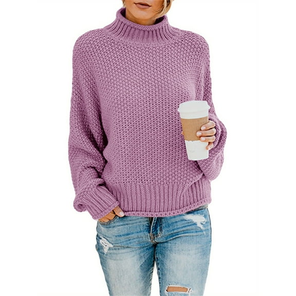 Fall Winter Women Long Sleeve Cable Knit Sweater Batwing Turtleneck Pullover