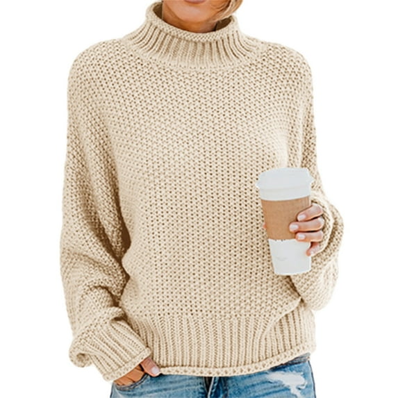 Fall Winter Women Long Sleeve Cable Knit Sweater Batwing Turtleneck Pullover