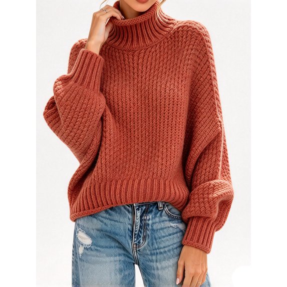 Fall Winter Women Long Sleeve Cable Knit Sweater Batwing Turtleneck Pullover