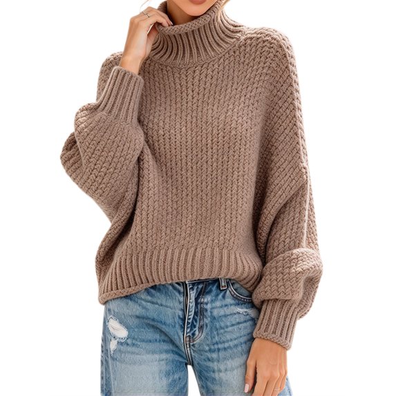 Fall Winter Women Long Sleeve Cable Knit Sweater Batwing Turtleneck Pullover