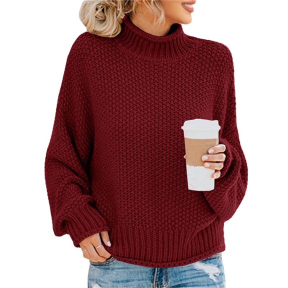 Fall Winter Women Long Sleeve Cable Knit Sweater Batwing Turtleneck Pullover