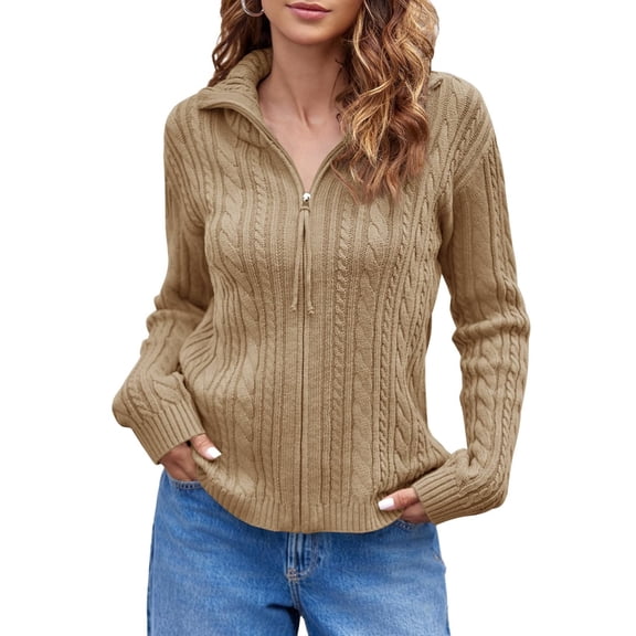 Long Sleeve Women Vintage Cable Knit Cardigan Zip Up Collared Sweater Coat