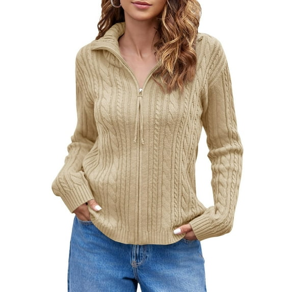 Long Sleeve Women Vintage Cable Knit Cardigan Zip Up Collared Sweater Coat