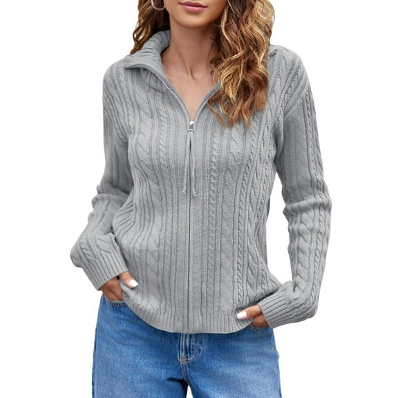 Long Sleeve Women Vintage Cable Knit Cardigan Zip Up Collared Sweater Coat