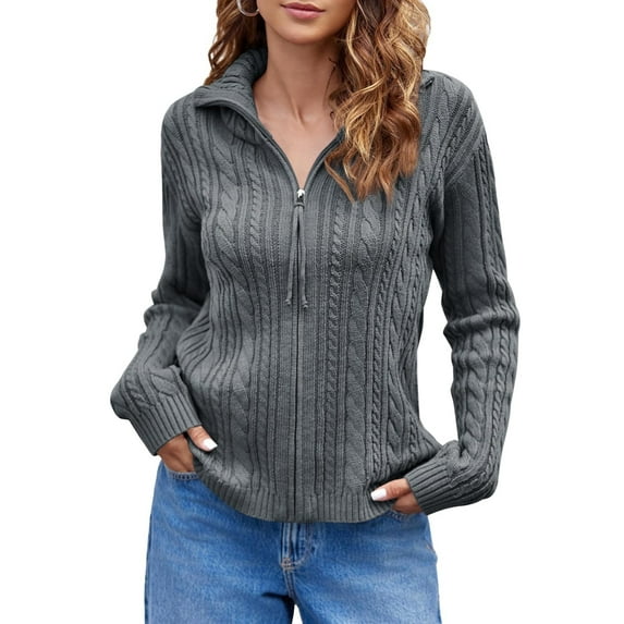 Long Sleeve Women Vintage Cable Knit Cardigan Zip Up Collared Sweater Coat