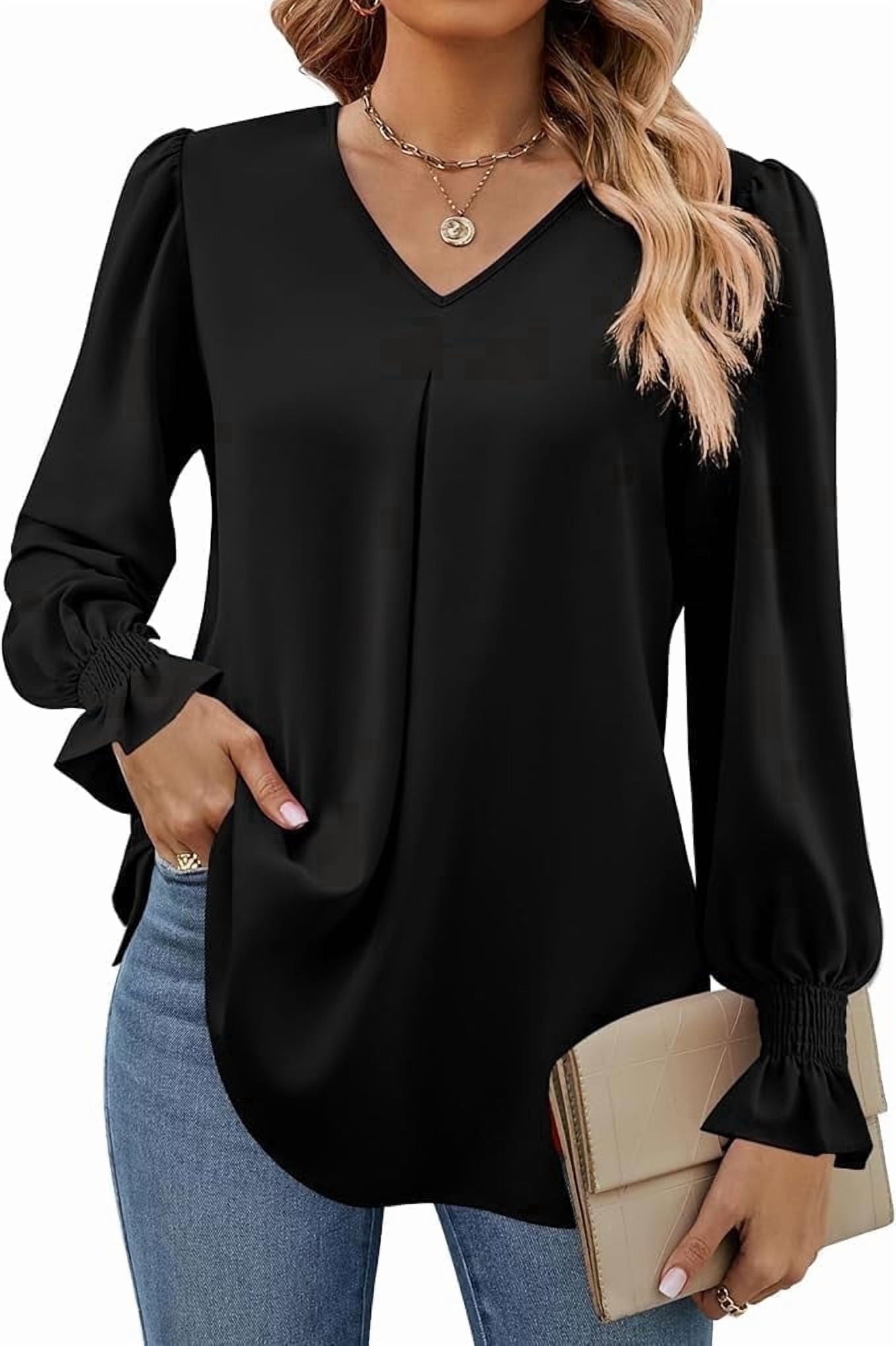 SOMER Blouses for Women Dressy Casual Ruffle Chiffon Long Sleeve Tops V ...