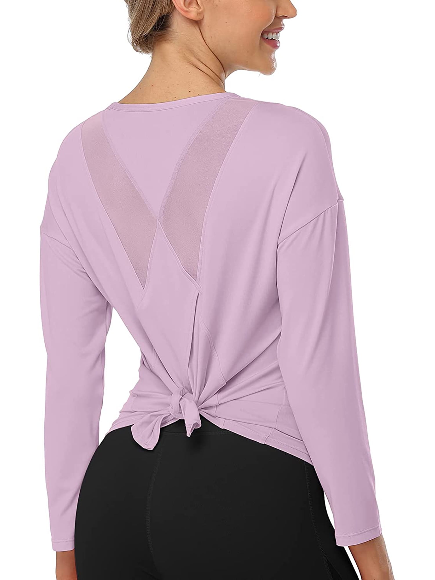 Long Sleeve Workout Shirts for Women Tie Back Breathable Sports Tops 