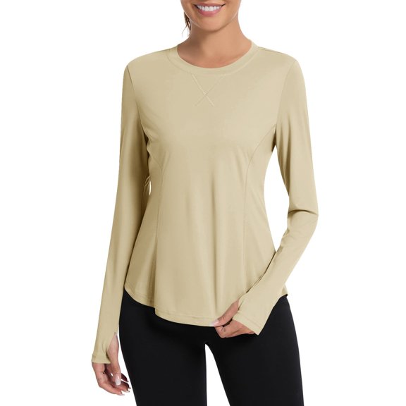 Long Sleeve Workout Tops for Women, Uv Protection Quick Dry Sun Shirt For Women Casual Simple Design Easy To Match Daily Outfits Yoga Long Sleeve Training Running Top, Beige L