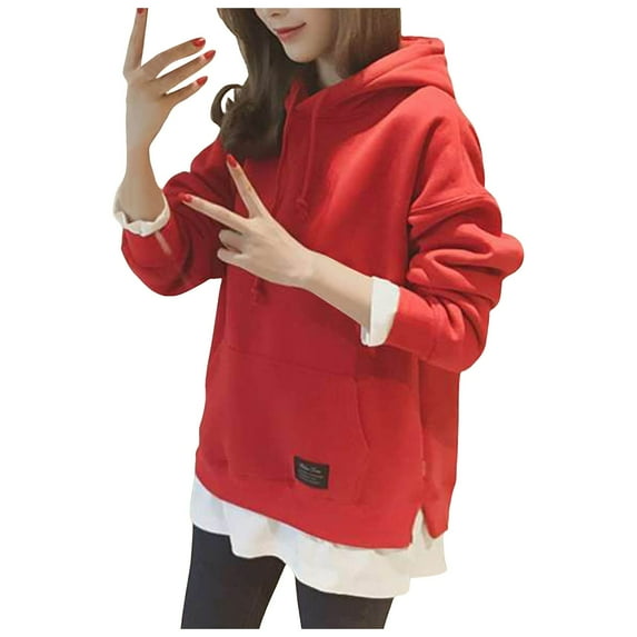 Long Sleeve Workout Tops for Women Winter Fall Relaxed Fit Hooded Batwing Cold Shoulder Drawstring Solid Color Leisure Polyester Sweatshirts Hoodies(Red,L)