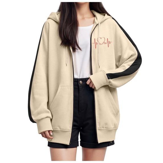 Long Sleeve Workout Tops for Women Winter Fall Relaxed Fit Hooded Mitten- Drop Shoulder Drawstring Heart Print Leisure Polyester Hoodie Outerwear(Beige,XL)