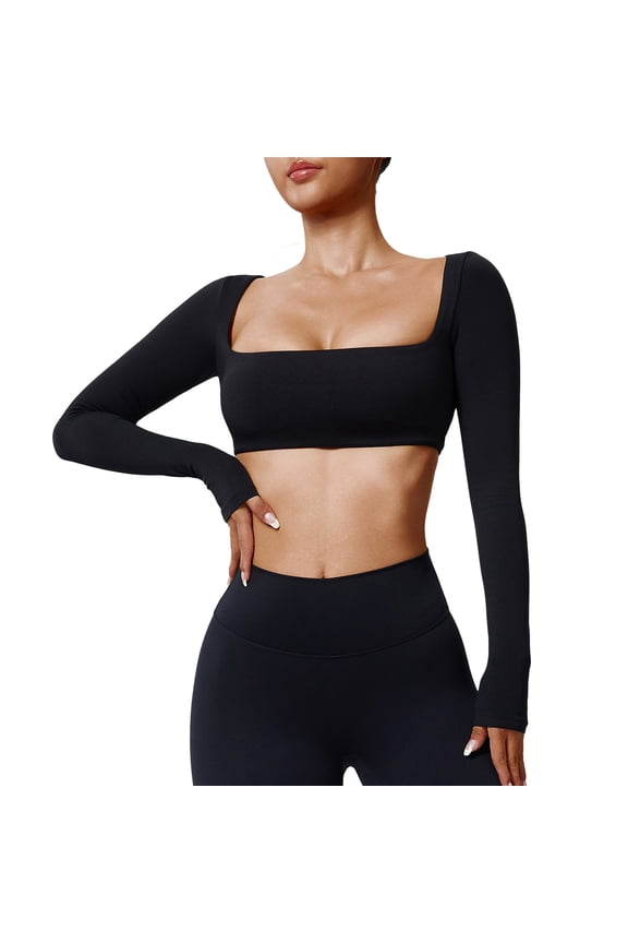 Long Sleeve Workout Tops for Women! Yigetop Long Sleeve Crop Top Women's Long Sleeve Gym Top Sports Top with in Bra Women's Long Sleeved Shirt with Square Neck Long Sleeve Crop Top Black M