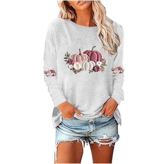 Long Sleeve for Women Pumpkin Embroidery Print T-Shirt Autumn Harvest Shirt Season Tee Thanksgiving Tops