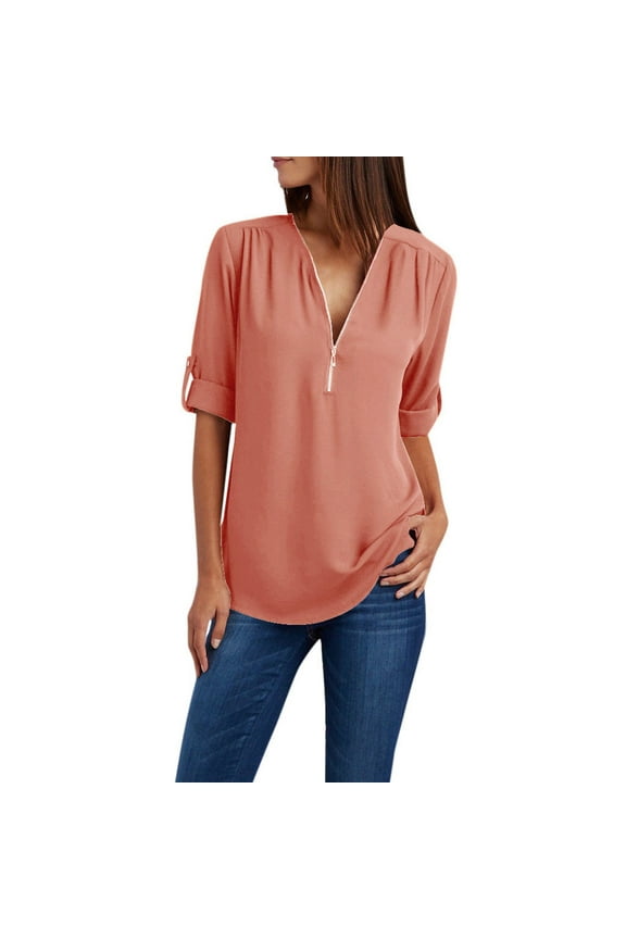 Long Sleeve Shirts For Women Fall Clothes Women Zipper Button Long Sleeves Loose Chiffon Shirt Clothing Womens Tops