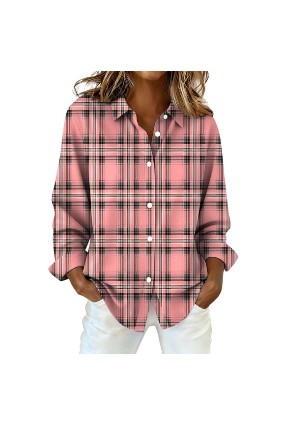 Long SleeveLong Sleeve Lightweight Fall Blouses Collared Blouse Tops Business Work Tops Plaid Shackets 2026 Fall Coat Tops Collared Fitted Blouses Plaid Button Up Women