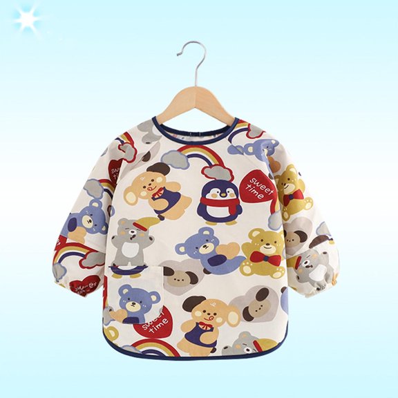 Long Sleeved Baby Bib - Reversible Front Pocket for Baby Led Weaning Waterproof & Easy to Clean - Cute & Practical Baby Feeding Bib Coffee 1-2 Years