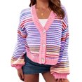 thumbnail image 1 of Long Sleeved Fall V-neck Colorful Striped Print Casual Knit Cardigan Coat, 1 of 7