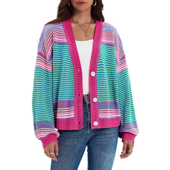 Long Sleeved Fall V-neck Colorful Striped Print Casual Knit Cardigan Coat