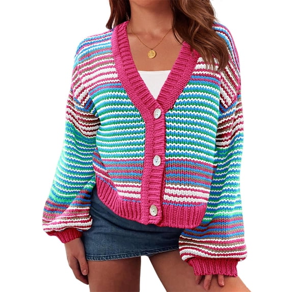 Long Sleeved Fall V-neck Colorful Striped Print Casual Knit Cardigan Coat