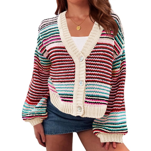 Long Sleeved Fall V-neck Colorful Striped Print Casual Knit Cardigan Coat