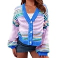 thumbnail image 1 of Long Sleeved Fall V-neck Colorful Striped Print Casual Knit Cardigan Coat, 1 of 7