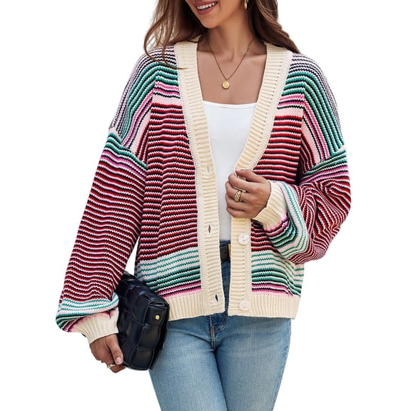 Long Sleeved Fall V-neck Colorful Striped Print Casual  Knit Cardigan Coat