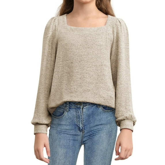 Long Sleeved Girls Square Neck Casual Tops Spring Autumn Children Kids Tops for 5-14 Years