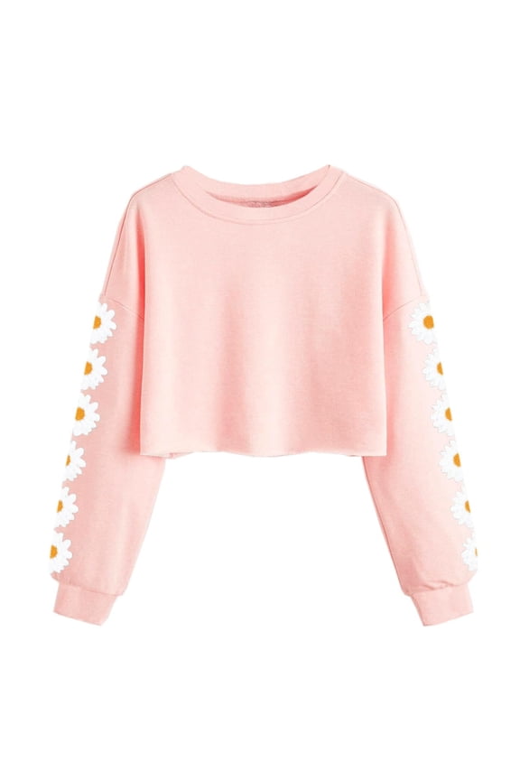 Long Sleeved Kids Girls Casual Crew Neck Hoodies Spring Fall Children Flower Print Crop Swearshirt Tops for 5-14 Years