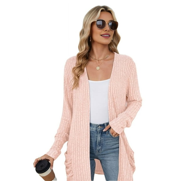 Long-Sleeved Knitted Cardigan Pink M