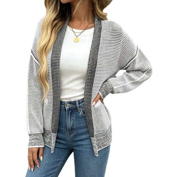 Long Sleeved Open Front Women Casual Knit Waffle Cardigan Coat