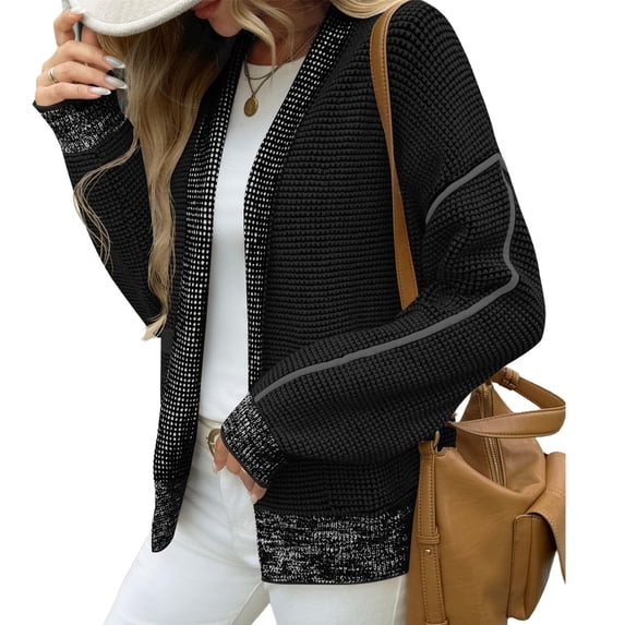 Long Sleeved Open Front Women Casual Knit Waffle Cardigan Coat