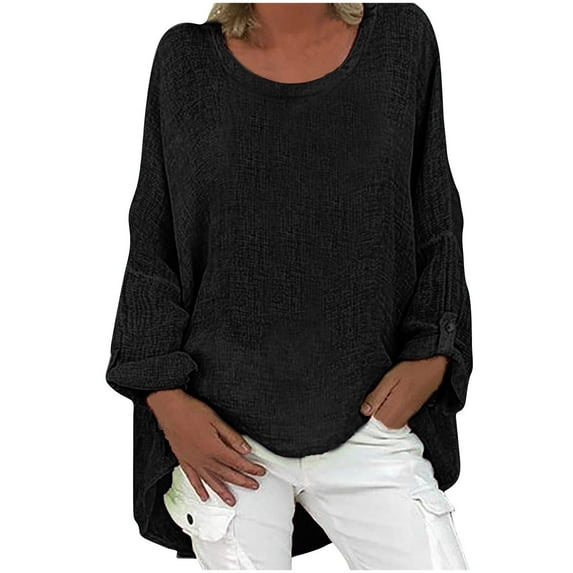 Long Sleeved Shirt Blouse for Women Casual And Linen Solid Round Neck Button Up Long Sleeved Top Black L
