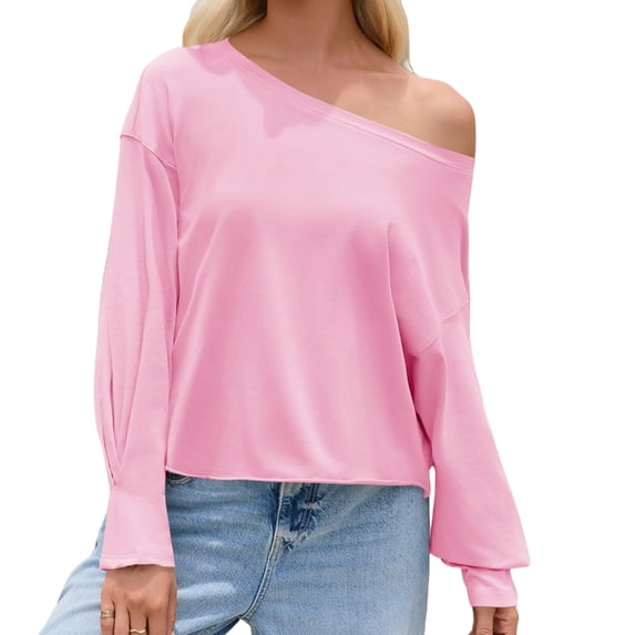 Long Sleeved Solid Color Women Crew Neck Oversize Loose Crop Tops Shirt