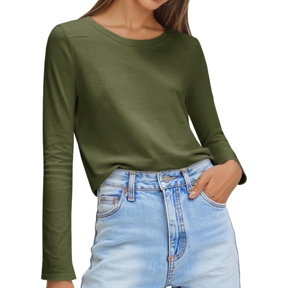 Long Sleeved Solid Color Women Crewneck Simple Style Tunic Shirt Tops